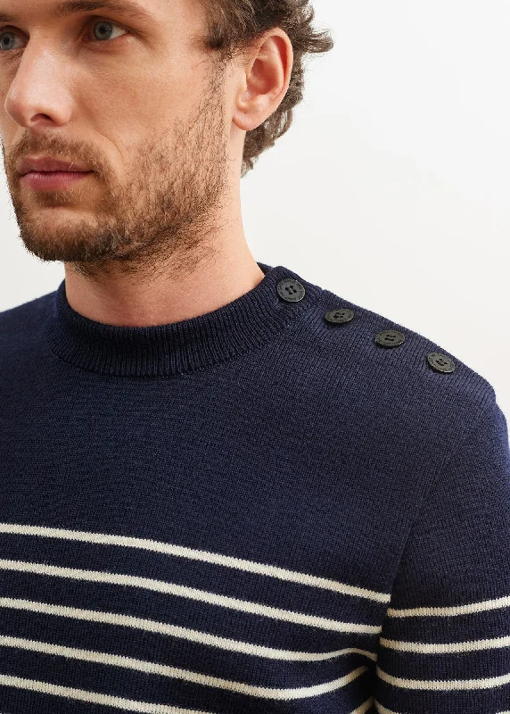 Unbeatable Prices BINIC - Authentic Striped Fisherman Sweater With Shoulder Buttons in Wool | Loose Fit (NAVY / ECRU)