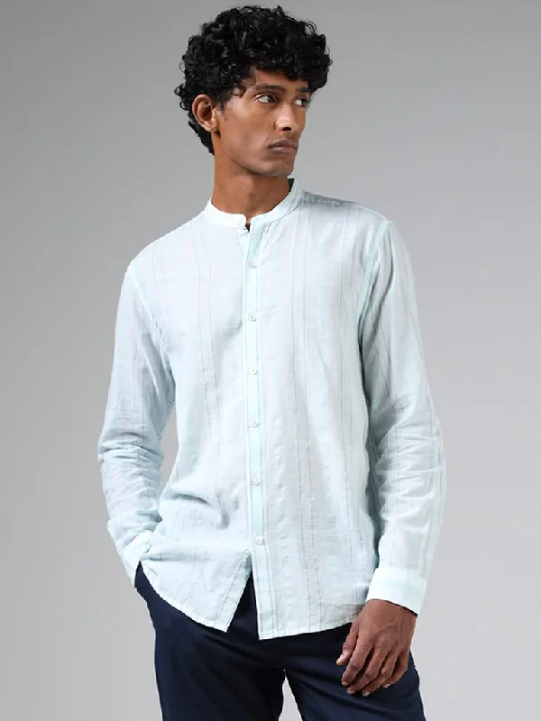 Weekend Savings Delight ETA Powder Blue Striped Cotton Resort-Fit Shirt