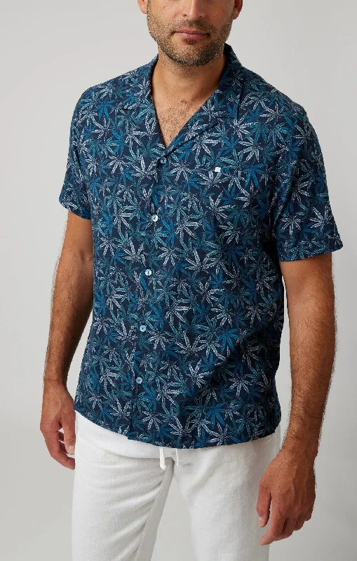 Savings Bonanza Navy Leaves Short Sleeve Resort Shirt