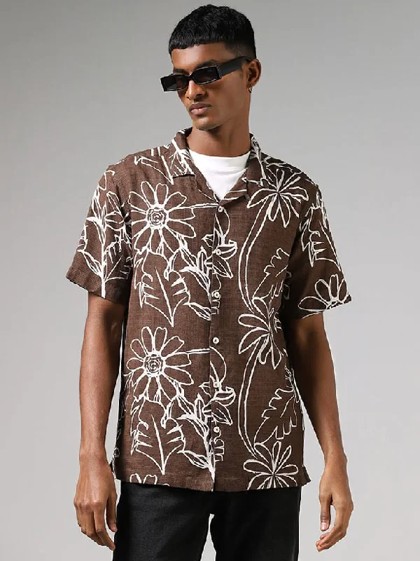While Supplies Last Nuon Brown Floral Printed Relaxed-Fit Blended Linen Shirt
