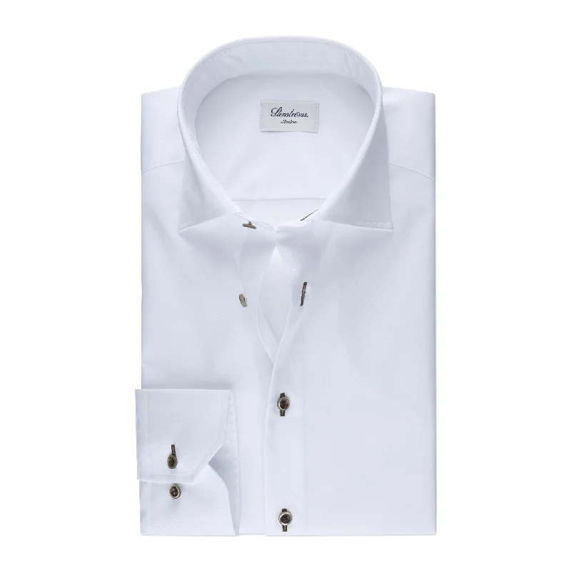 Closeout White Twill Slimline Shirt with Contrast Buttons and Buttonholes - Stenströms