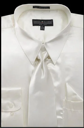 Mega Discount Men's Ivory Satin Dress Shirt with Tie & Handkerchief