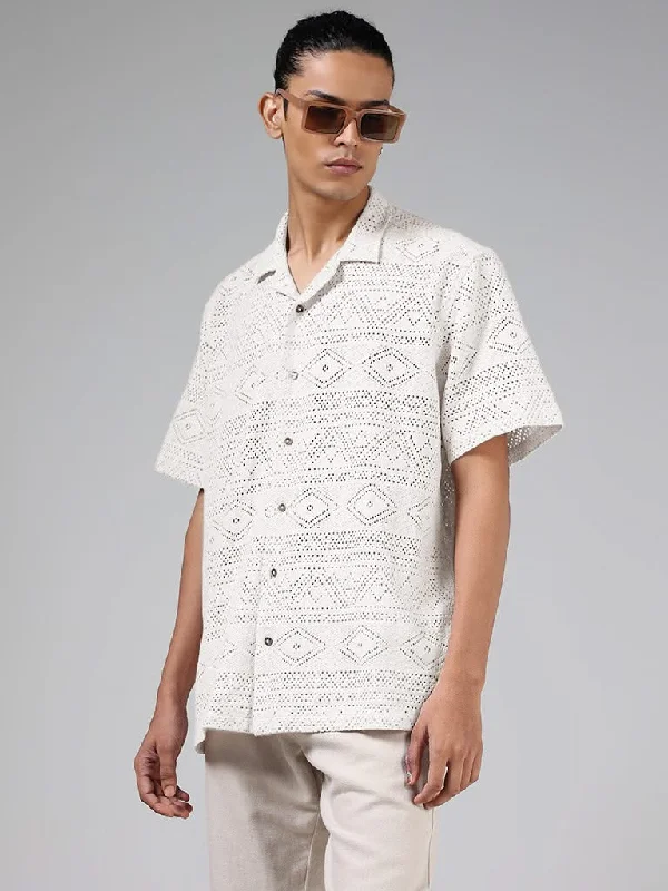 Weekend Shopping Extravaganza ETA Off White Geometric Mesh Cotton Relaxed-Fit Shirt