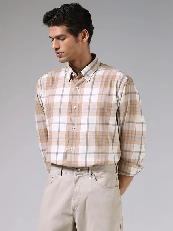 New Markdowns Ascot Beige and White Checkered Cotton Relaxed-Fit Shirt