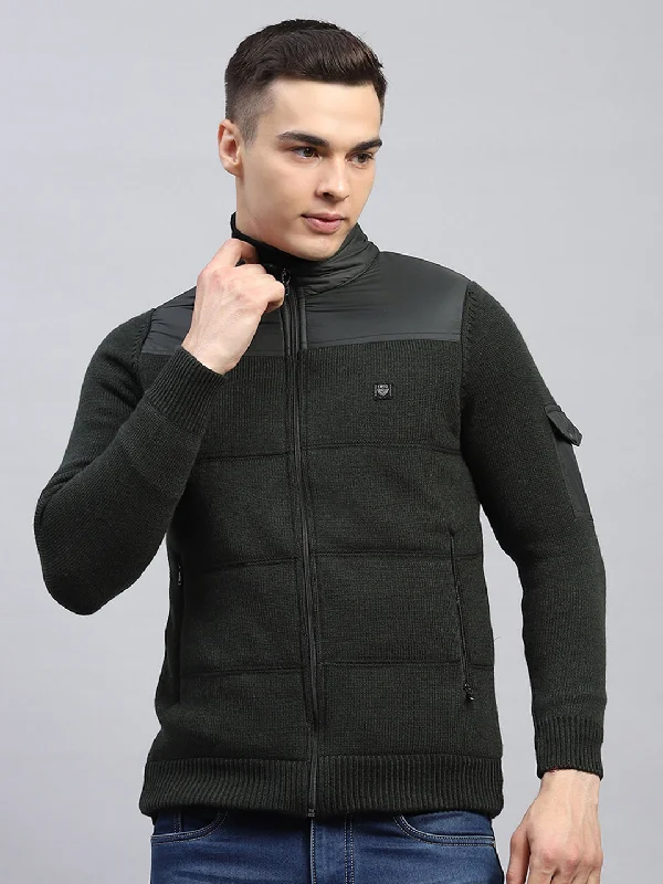 New Arrival Men Green Self Design Mock Neck Full Sleeve Jacket