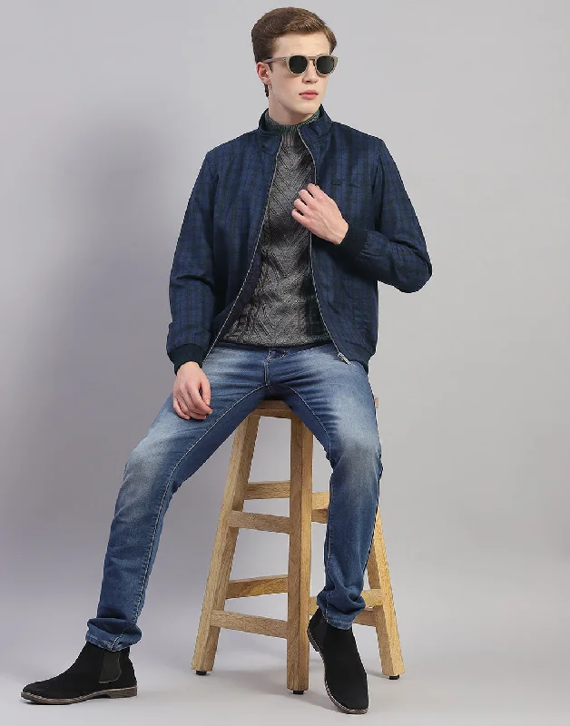 Unbeatable Prices Men Blue Check Mandarin Collar Full Sleeve Jacket