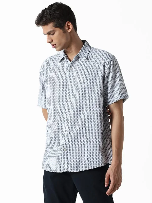 Flash Sale Ascot Printed Navy Blue Relaxed-Fit Blended Linen Shirt