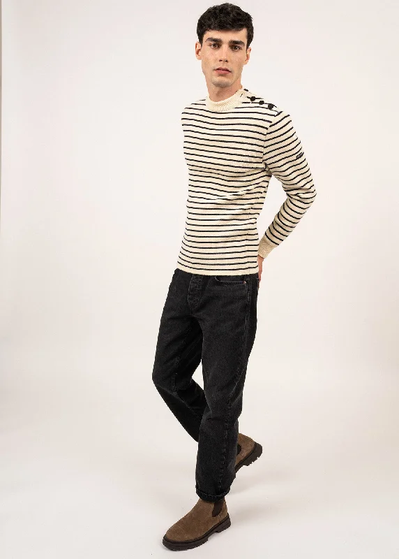 Weekend Bargains to Love MATELOT - Authentic Striped Wool Fisherman Sweater with Button Shoulder |Slim Fit (ECRU / NAVY) Weekend Bargains to Love MATELOT - Authentic Striped Wool Fisherman Sweater with Button Shoulder |Slim Fit (ECRU / NAVY)
