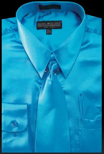 Super Bargain Men's Turquoise Satin Dress Shirt with Tie & Handkerchief