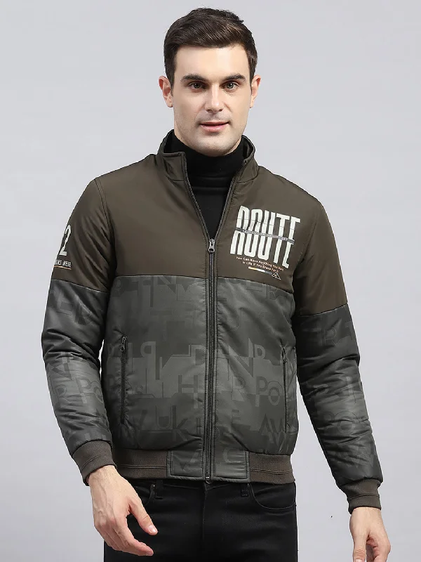 Price Drop Men Olive Printed Mock Neck Full Sleeve Jacket