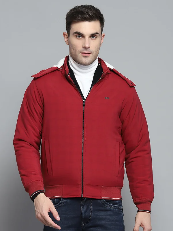 Shop and Save Men Red Solid Detachable Hood Full Sleeve Jacket