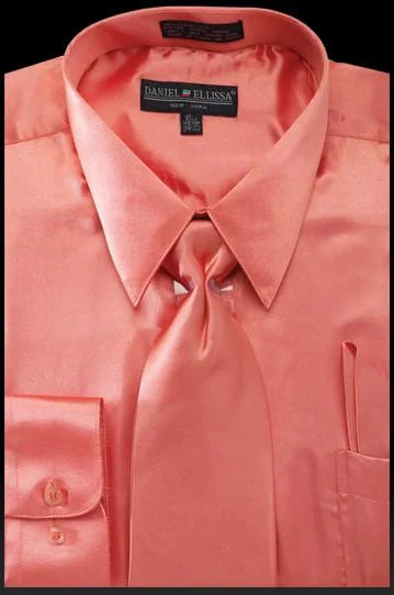 Special Offer Men's Coral Satin Dress Shirt with Tie & Handkerchief