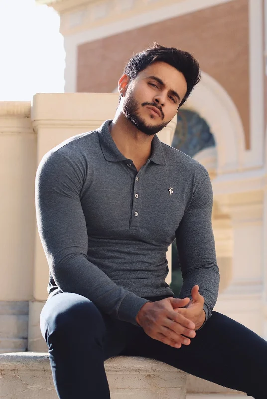 Weekend Price Cuts Galore Father Sons Classic Dark Grey Long Sleeve Polo Shirt with Silver Metal Emblem Decal & Buttons - FSH519 Weekend Price Cuts Galore Father Sons Classic Dark Grey Long Sleeve Polo Shirt with Silver Metal Emblem Decal & Buttons - FSH519