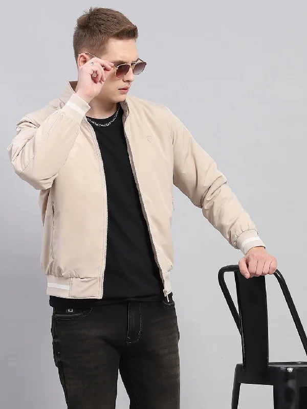 Price Drop Men Beige Solid Mock Neck Full Sleeve Jacket