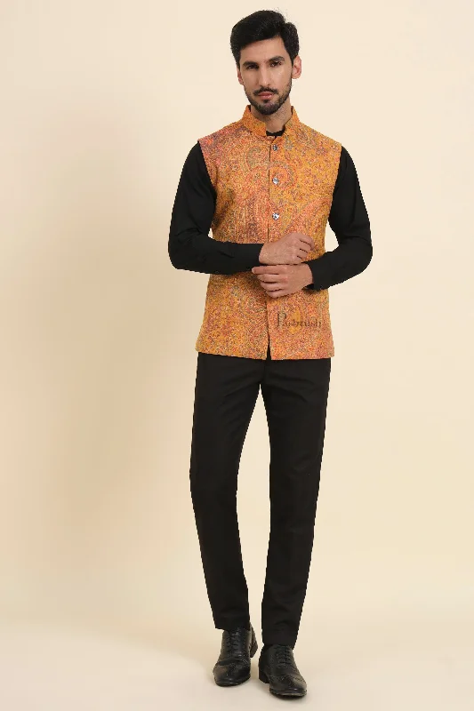 Markdown Sale Pashtush Mens Woven Jacquard Waistcoat, Structured Slim Fit, Mustard