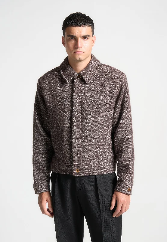 Value Deals Boxy Herringbone Wool Blend Jacket - Brown