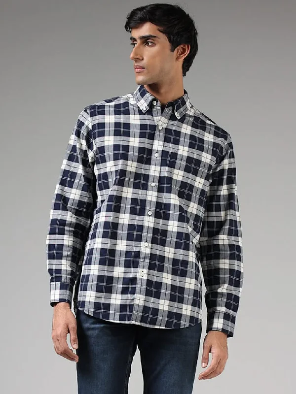 New Arrival WES Casuals Navy Plaid Checked Cotton Relaxed-Fit Shirt