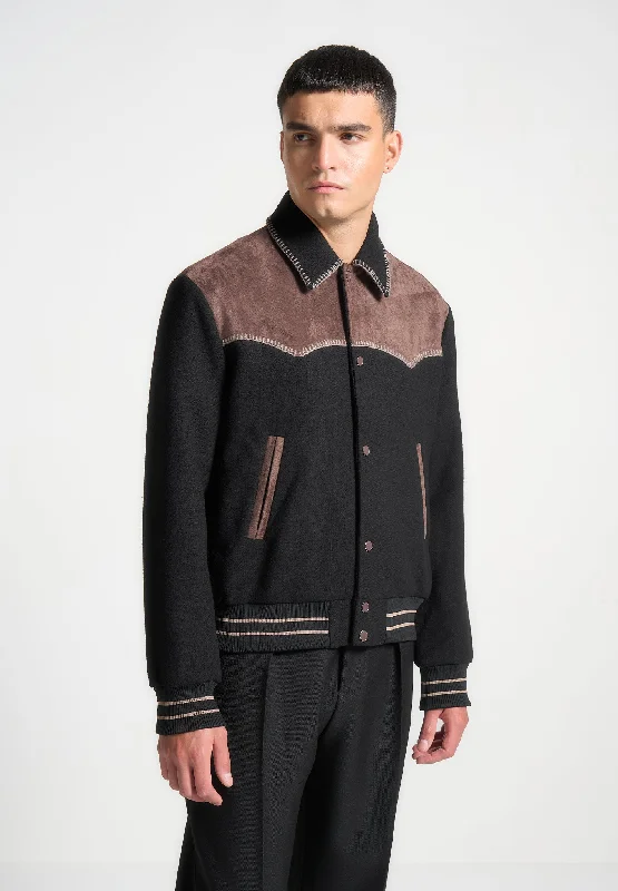 Weekend Discounts to Love Suede and Wool Whipstitch Varsity Jacket - Black/Brown