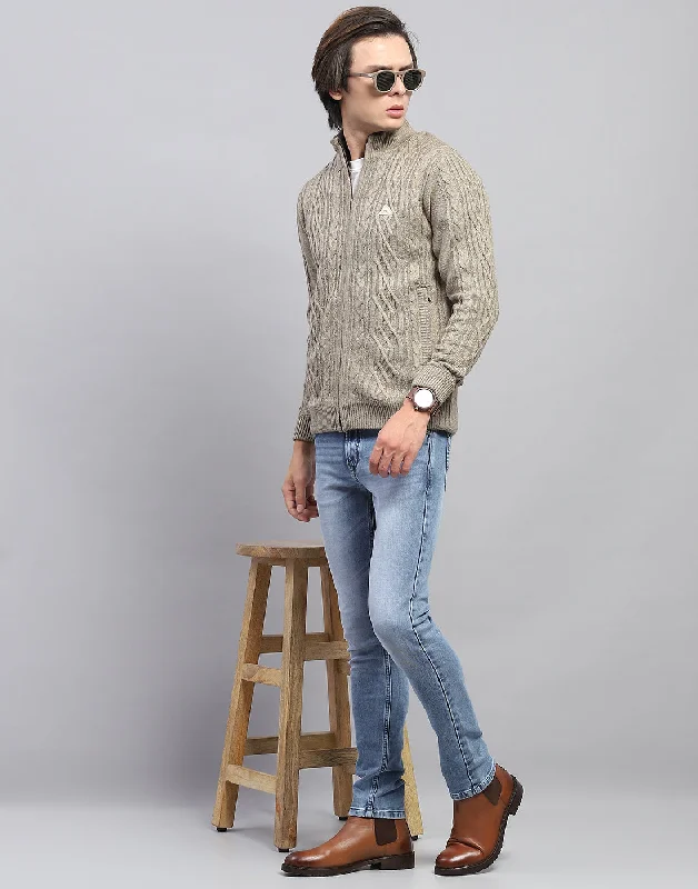 Early Access Men Beige Self Design Mock Neck Full Sleeve Jacket