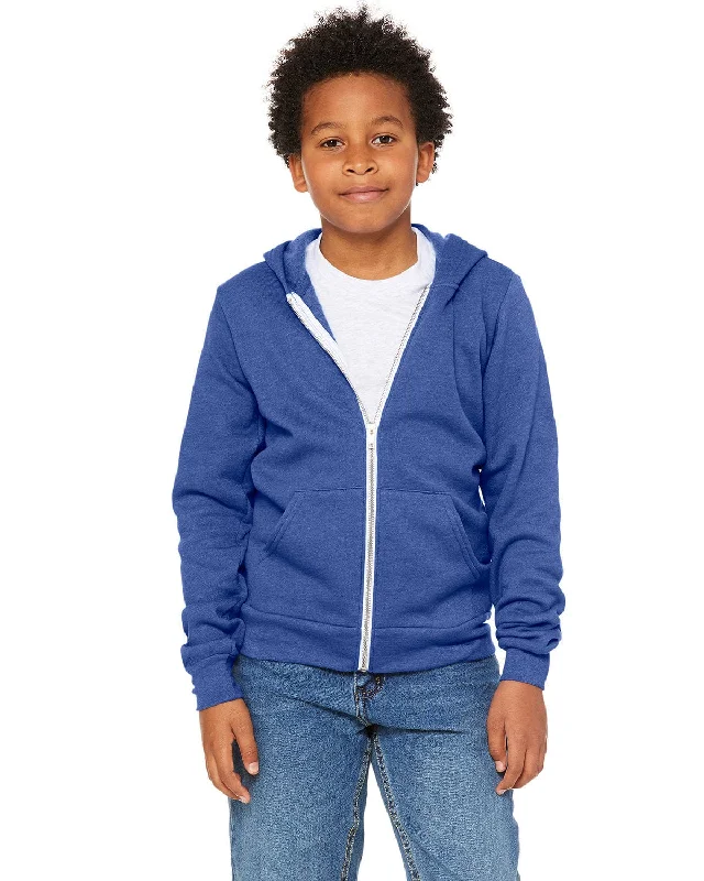 Limited Quantity Bella+Canvas Youth Sponge Fleece Full-Zip Hooded Sweatshirt | Hthr True Royal
