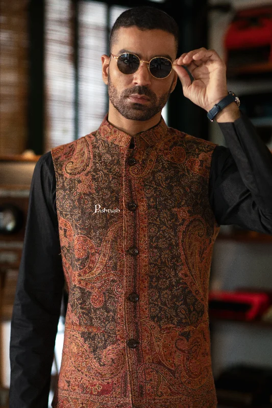 Reduced Price Pashtush Mens Woven Jacquard Structured Waistcoat, Slim Fit, Black and Beige