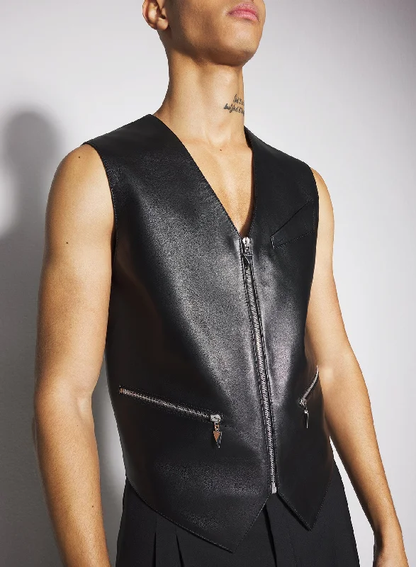 Stock Up black leather zipper vest