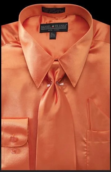 Online Exclusive Men's Orange Satin Dress Shirt with Tie & Handkerchief