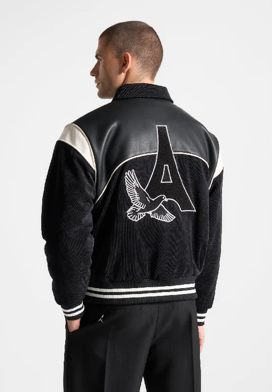 Super Deal Raglan Corduroy Eiffel Varsity Jacket - Black