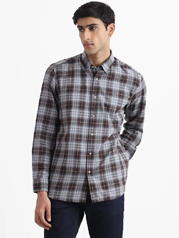 Weekend Deals That Please Ascot Ash Blue & Brown Printed Checkered Cotton Relaxed-Fit Shirt