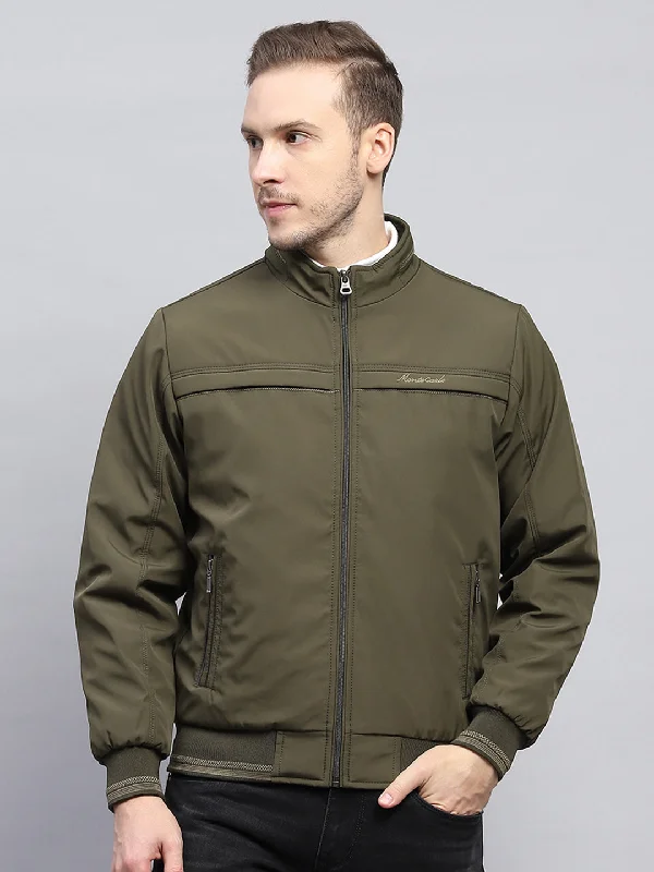 Closeout Deal Men Olive Solid Mock Neck Full Sleeve Jacket