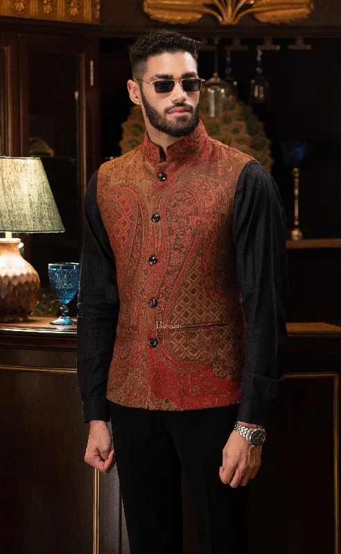 Crazy Savings PASHTUSH MENS WOVEN JACQUARD WAISTCOAT, Structured SLIM FIT, Brown