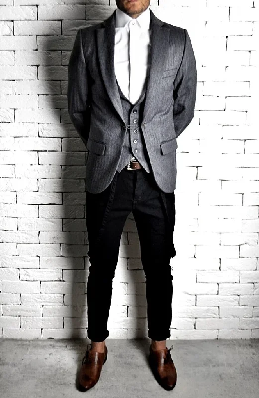 Clearance Sale Tailored Suit Jacket - Grey Herringbone