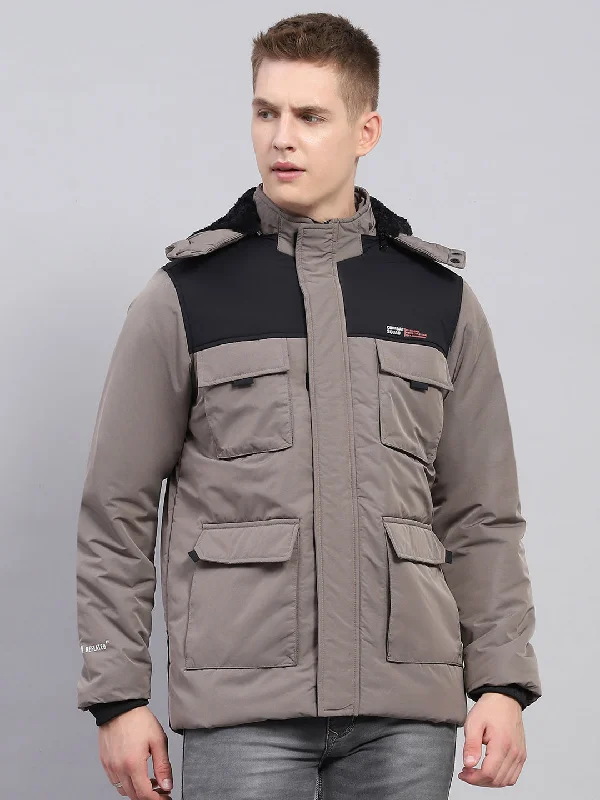 Price Drop Men Grey Solid Detachable Hood Full Sleeve Jacket