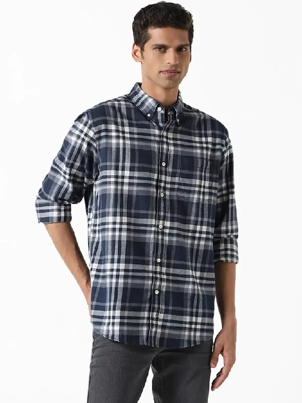 Quick Sale WES Casuals Checked Dark Blue Relaxed-Fit Shirt