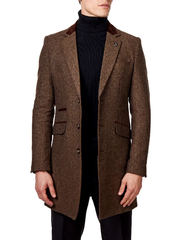 Clearance Event COSMO – BROWN HERRINGBONE WOOL BLEND LONG OVERCOAT