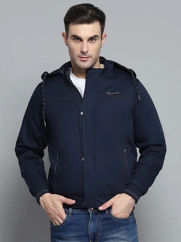 Top Pick Men Navy Blue Solid Detachable Hood Full Sleeve Jacket