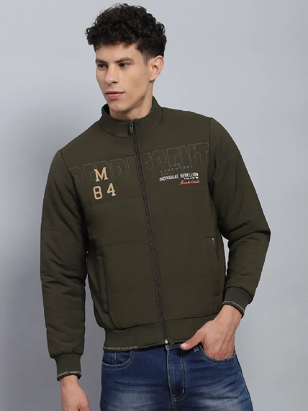 Weekend Deals That Dazzle Men Olive Printed Mock Neck Full Sleeve Jacket