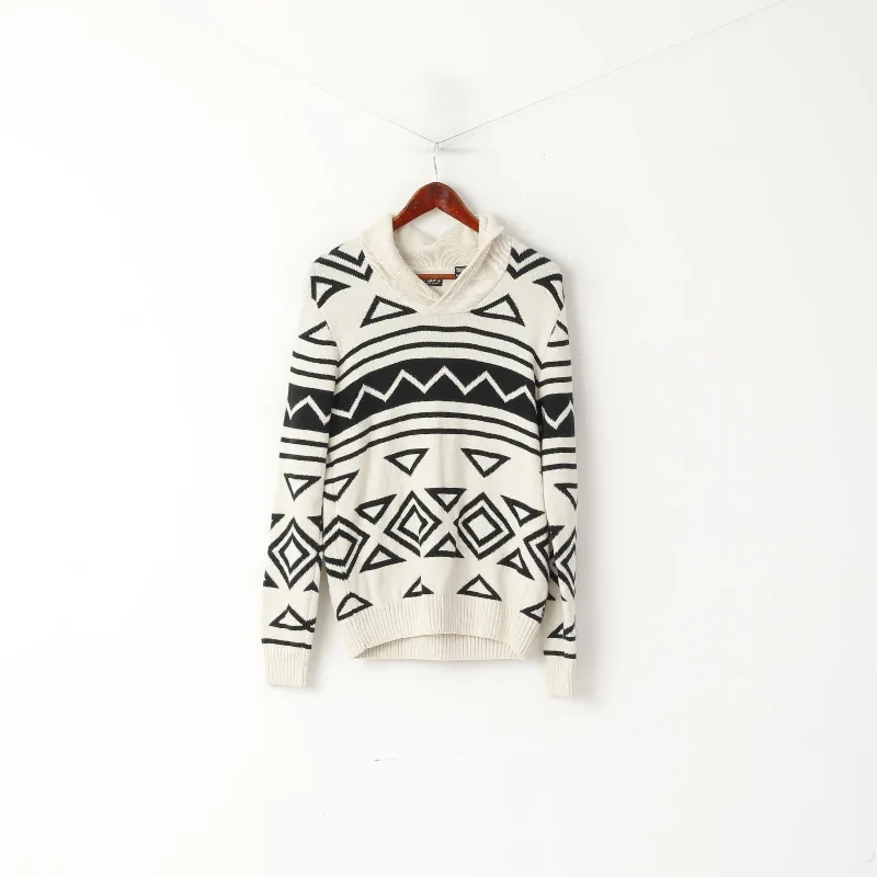 Hurry In CHAPS Men S Jumper Cream Cotton Aztec Print Shawl Collar Classic Vintage Sweater
