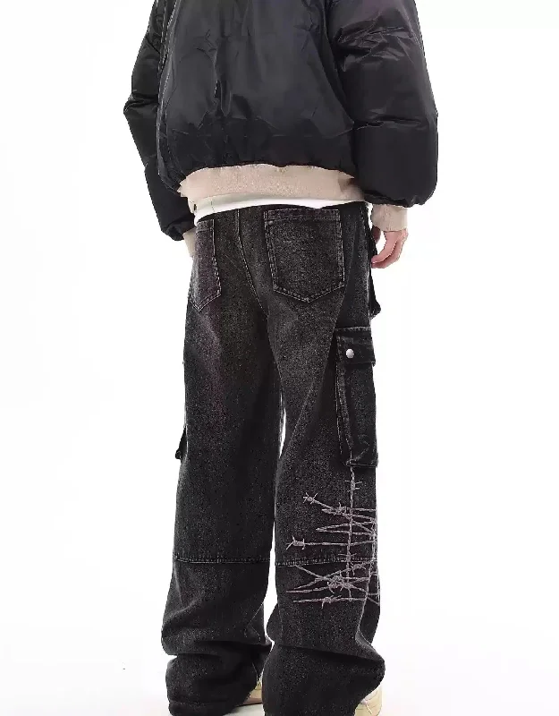 New Deals Thorn Embroidery Cargo Jeans