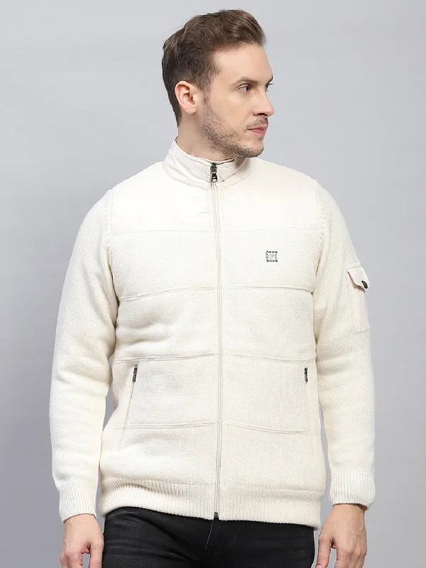 Unmissable Sale Men Off White Self Design Mock Neck Full Sleeve Jacket