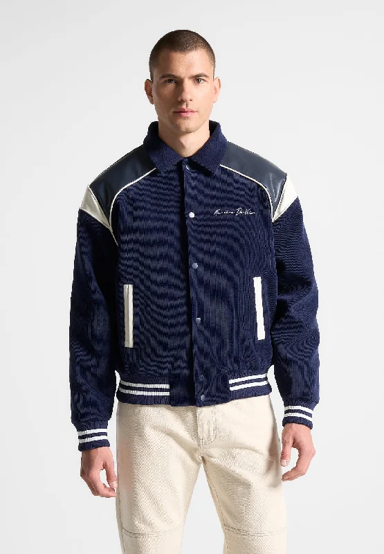 Savings Soar This Weekend Raglan Corduroy Eiffel Varsity Jacket - Navy