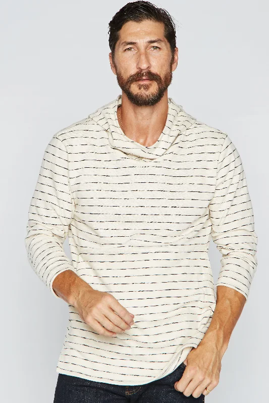 Mega Deal Men's Cambridge 3/4 Sleeve Cowl Neck Visor Hoodie Sweater - Hacci Slub Black/Ivory Stripe