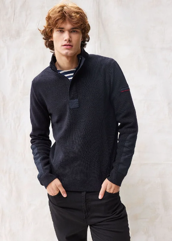 Seasonal Sale LOUP DE MER II - Quarter Zip Sweater with Forearm Canvas Trim For Men| 100% Wool (NAVY)