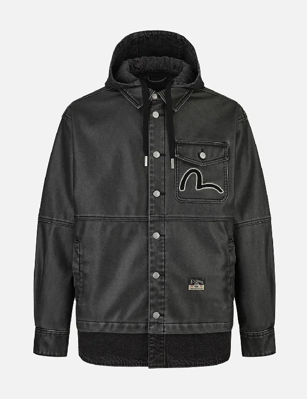 Exclusive Online Offer Seagull Print and Embossed Logo Regular Fit Vegan Leather Jacket