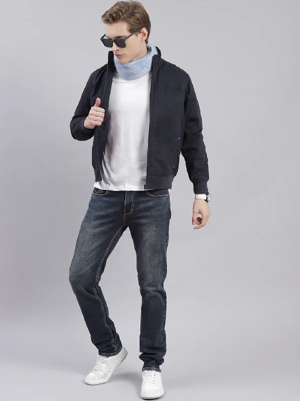 Closeout Sale Men Navy Blue Solid Stand Collar Full Sleeve Jackets
