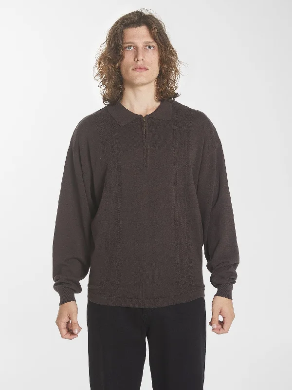 Final Clearance Imperial Jacquard Knit Long Sleeve Polo - Black Coffee