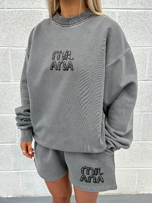 Year-End Sale Washed Charcoal Embellished Sweatshirt.
