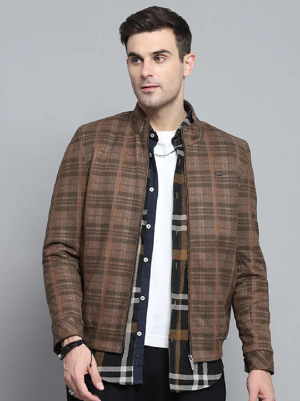 Online Exclusive Men Brown Self Design Mock Neck Full Sleeve Jacket