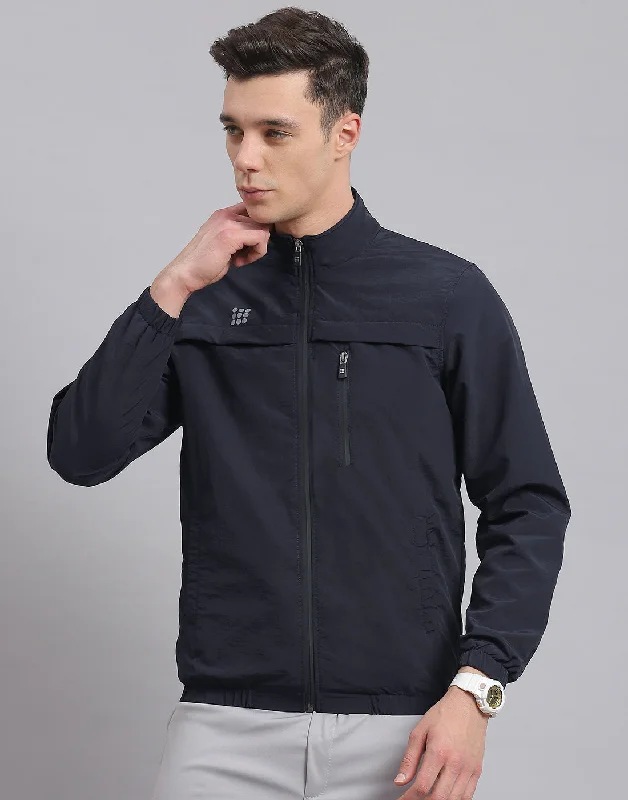 Exclusive Deal Men Navy Blue Solid Stand Collar Full Sleeve Jacket