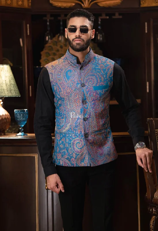 Online Specials PASHTUSH MENS WOVEN JACQUARD WAISTCOAT, Structured SLIM FIT, Saphire blue